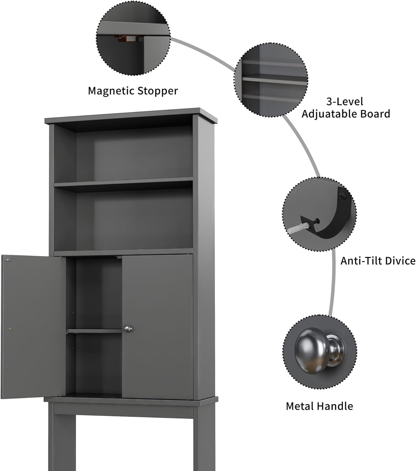 Shintenchi Over The Toilet Storage Cabinet, Bathroom Above The Toilet Rack, Bathroom Adjustable Shelf Organizer with Open Bottom Bar and Anti-Tip Device, Gray
