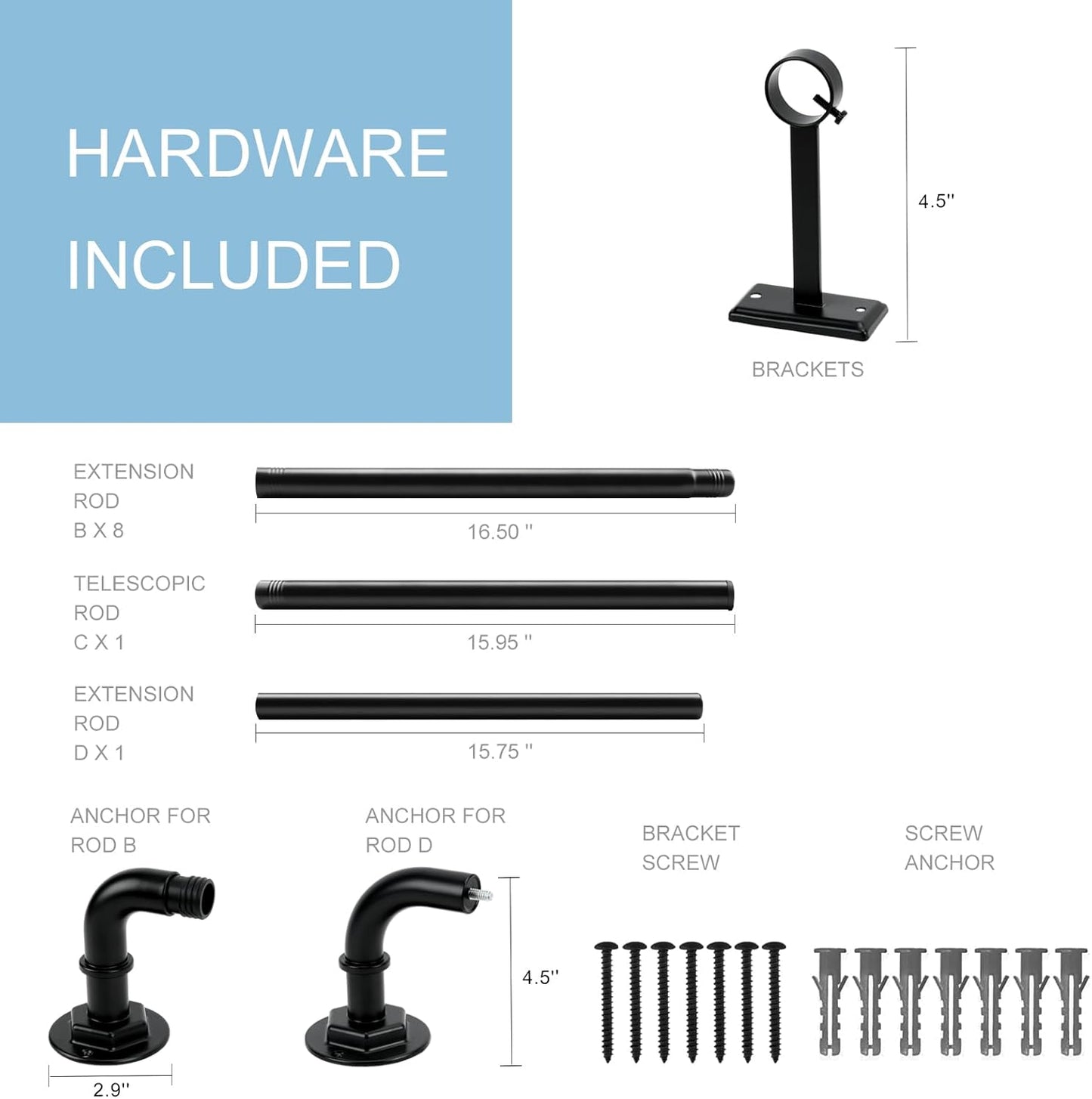 Curtain Rods for Windows 16 to 144 Inches Adjustable Blackout Wrap Around 1 Inch Diameter Curtain Rod, Black