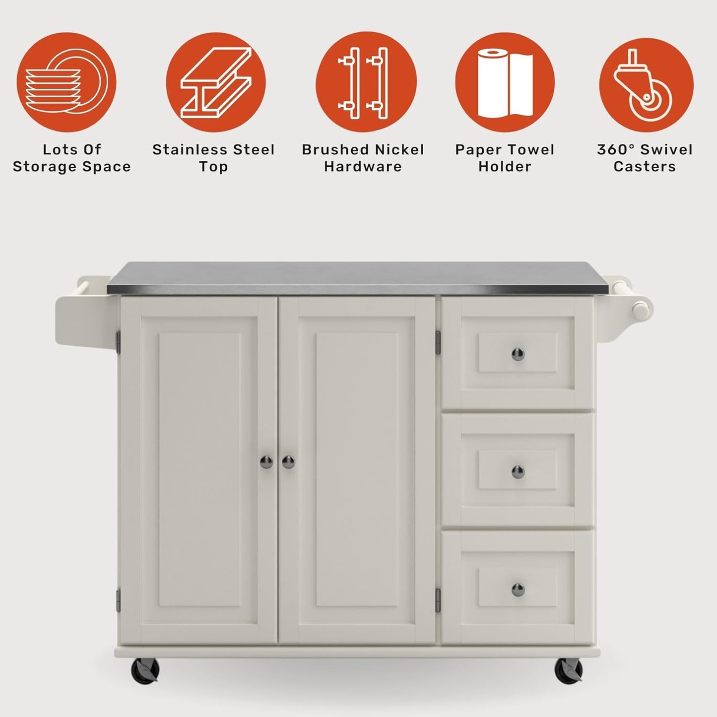 Homestyles Kitchen Cart with Stainless Steel Metal Top Rolling Mobile Kitchen Island with Storage and Towel Rack 54 Inch Width Off White - Retail $246