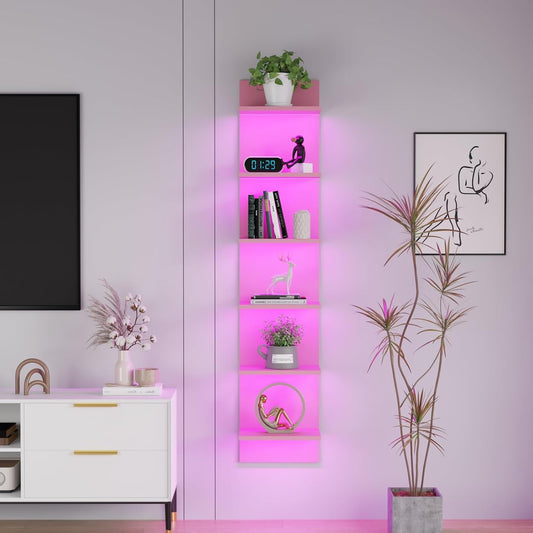 6 Tier Wall Shelf Unit with LED Light, Display Floating Storage Home Decor Organizer Shelves for Bedroom Living Room, Pink