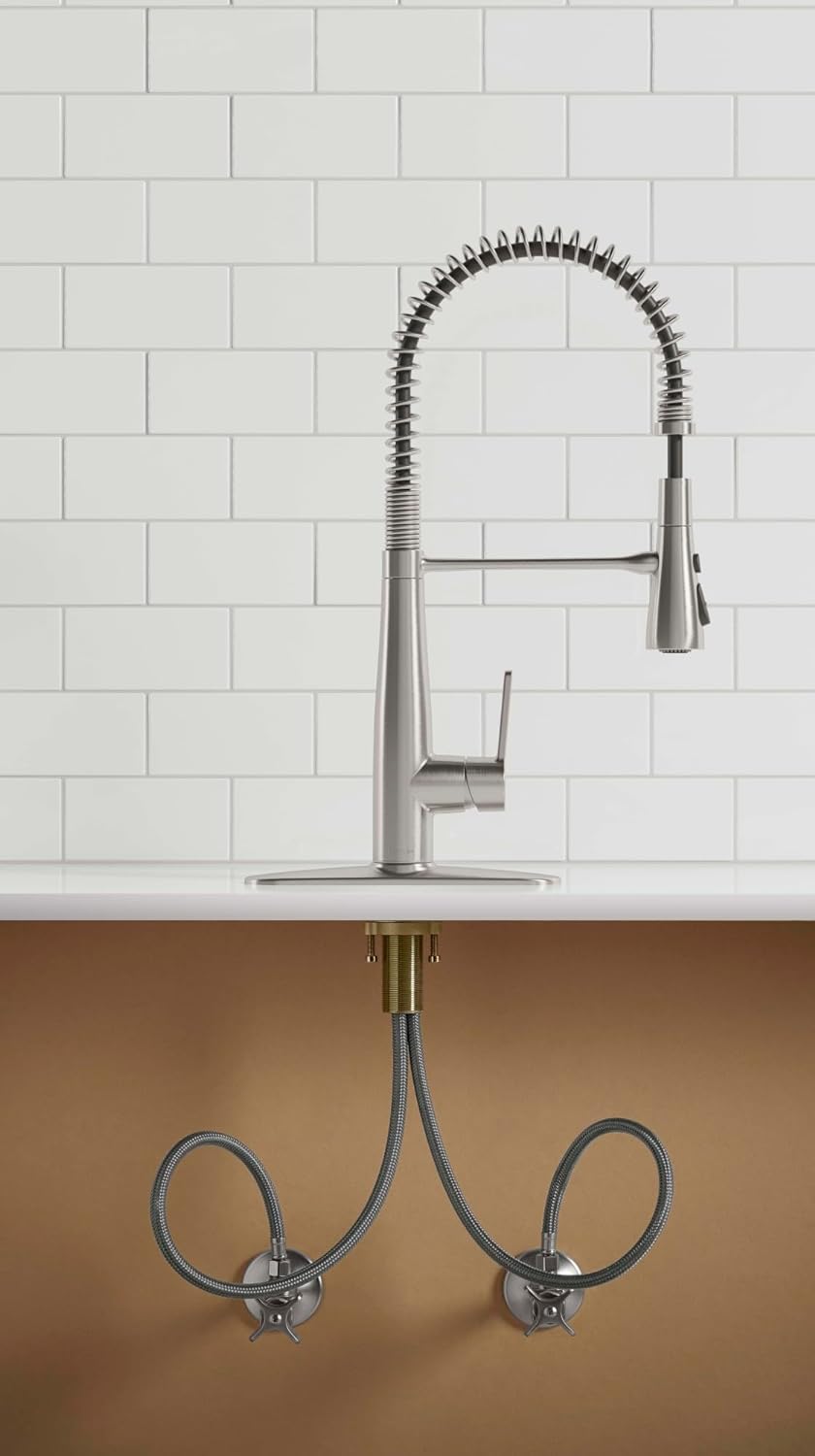 NEW - KOHLER K-R22745-SD-VS Semi-Professional Kitchen Faucet with Soap Dispenser/Lotion Dispenser, Commercial Kitchen Sink Faucet with Pull-Down Sprayhead, Vibrant Stainless - Retail $306