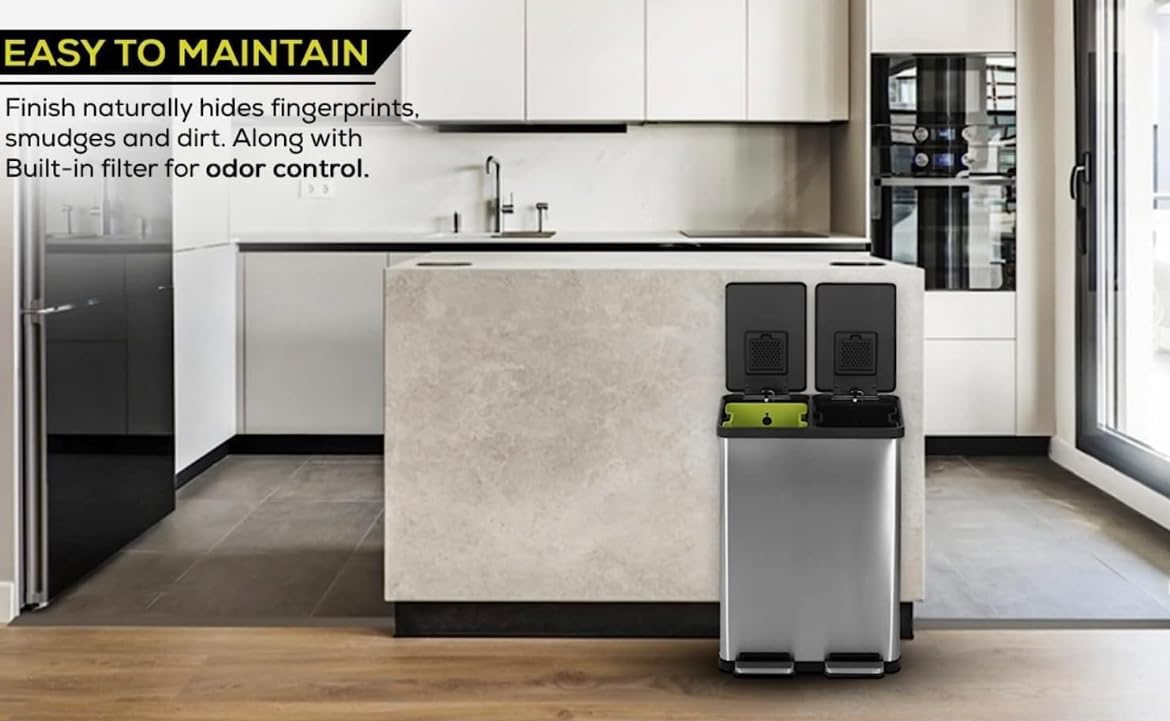 Simpli-Magic 60 Liter / 16 Gallon Rectangular Hands-Free Dual Compartment Recycling Kitchen Step Trash Can with Soft-Close Lid, Brushed Stainless Steel (38L x 22L Capacity)