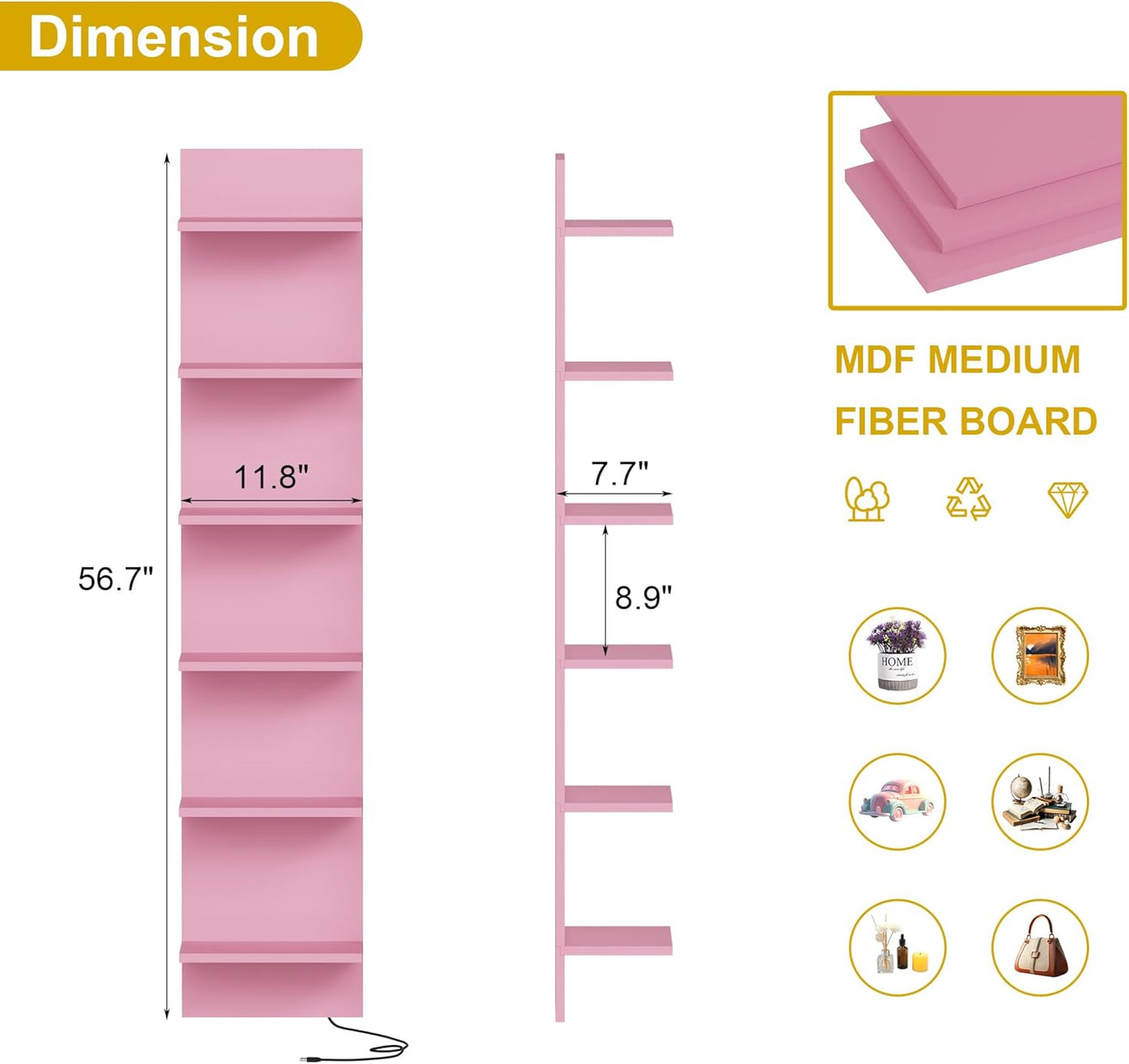 6 Tier Wall Shelf Unit with LED Light, Display Floating Storage Home Decor Organizer Shelves for Bedroom Living Room, Pink