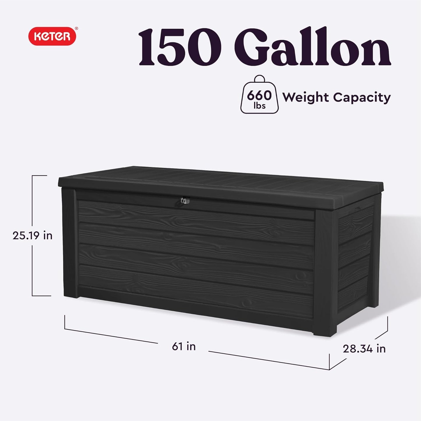 Keter Outdoor Storage Deck Box, 150 Gallon Resin Patio Bin & Bench, Solid, Dark Grey - Retail $160