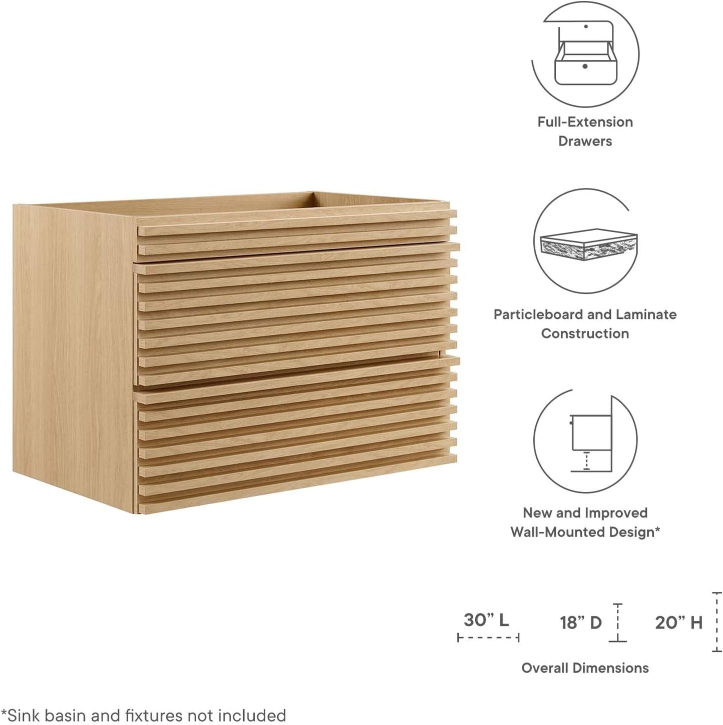 NEW - Modway Render 30in Wall-Mount Bathroom Vanity in Oak-Sink Basin Not Included, 30 Inch - Retail $210