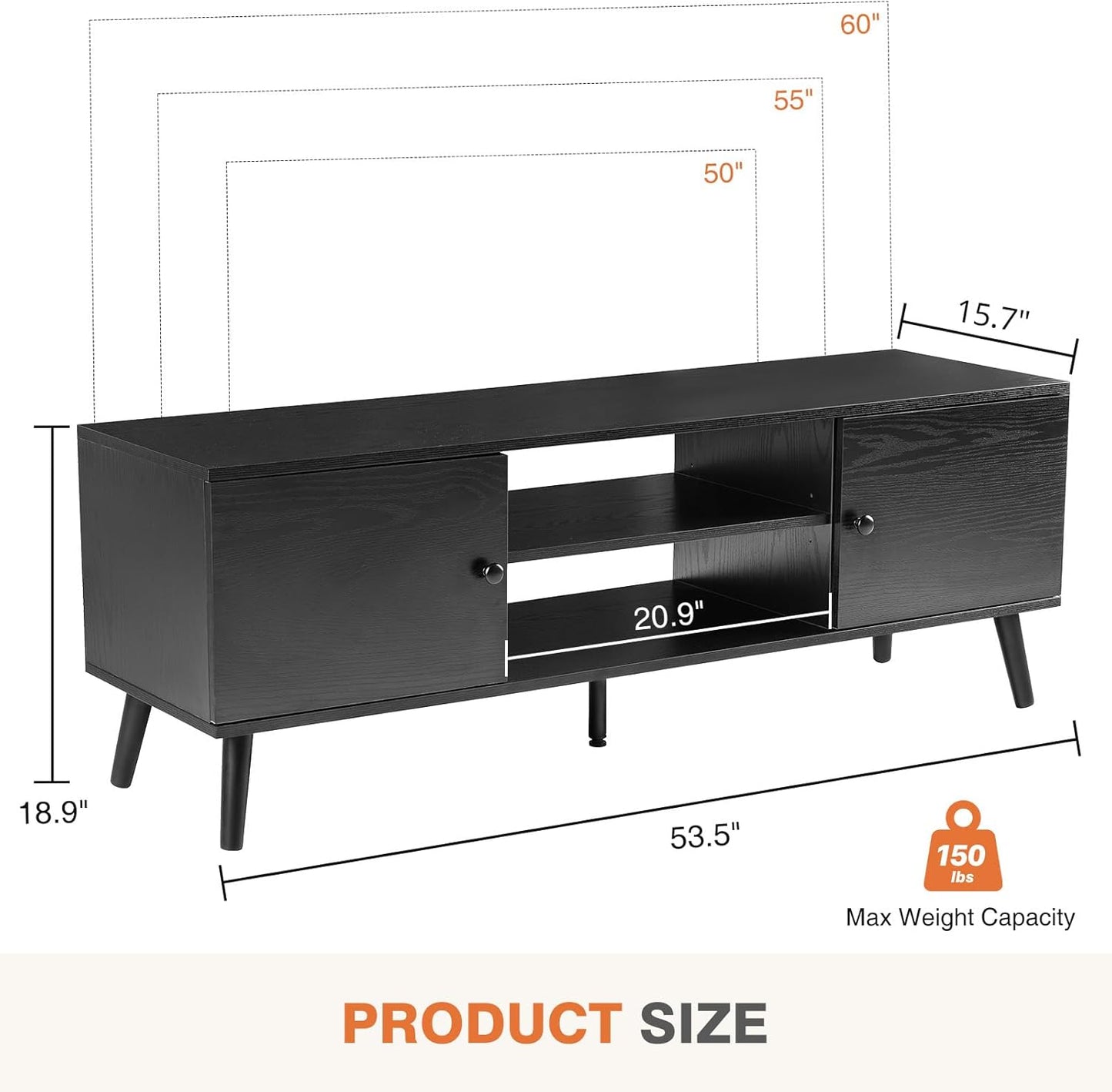 NEW - Sweetcrispy TV Stand for 55 60 inch Television, Entertainment Center with Storage, 2 Cabinet Media Console Table, Soft Hinge Door with Handle, Wood Feet, Living Room, Bedroom Furniture, Charcoal Black - Retail $149