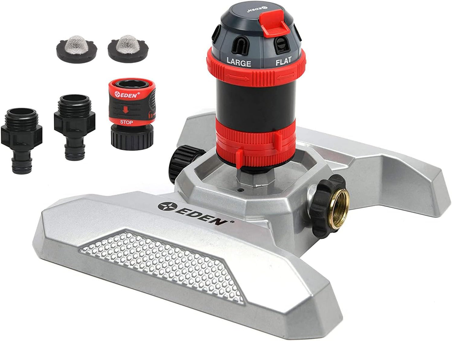 NEW - Eden 96122 Metal Adjustable 6-Pattern Mobile Rotary Gear Drive Garden Sprinkler for Yard W/Quick Connect Starter Set, Waters up to 80 ft. in Diameter - Retail $37