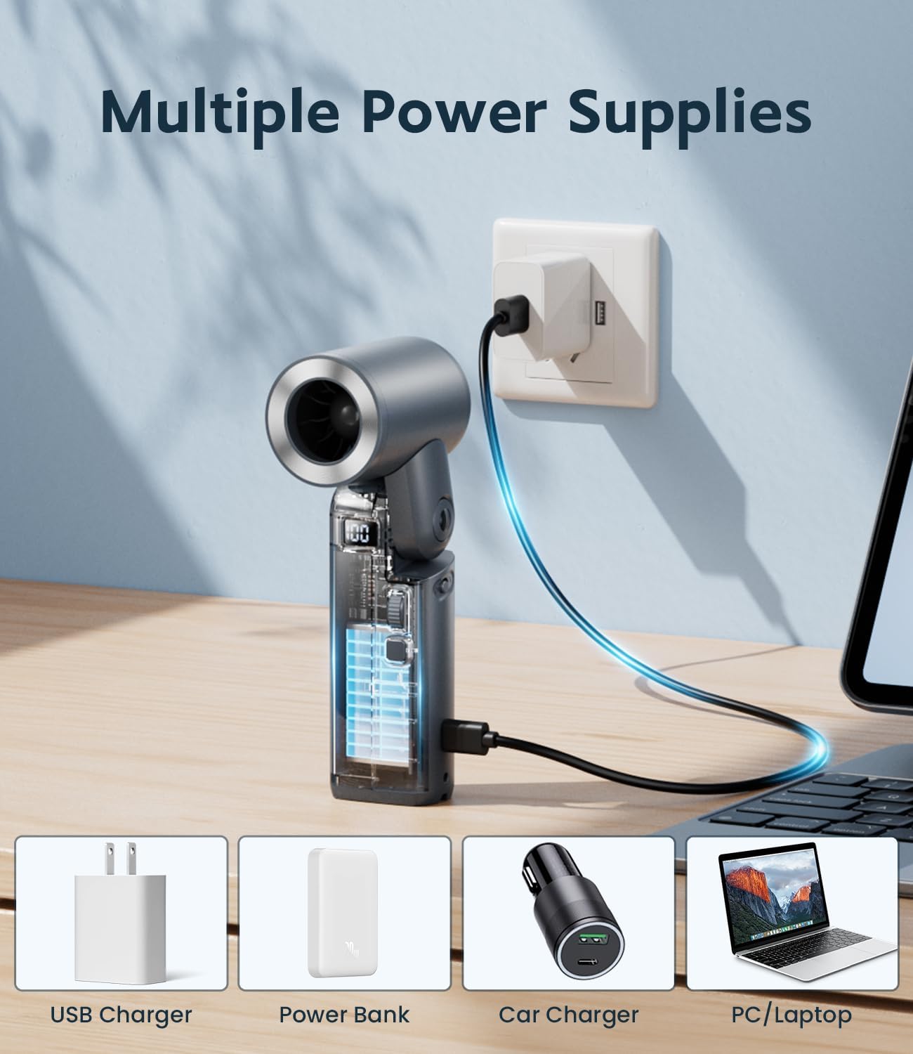 Portable Handheld Fan, 4000mAh Battery Operated Rechargeable Personal Fan, LED Display, 0-100 High Speed, Lightweight, Foldable Design, Hand/Desk/Neck 3 in 1 Cooling for Travel, Women, Man-Blue