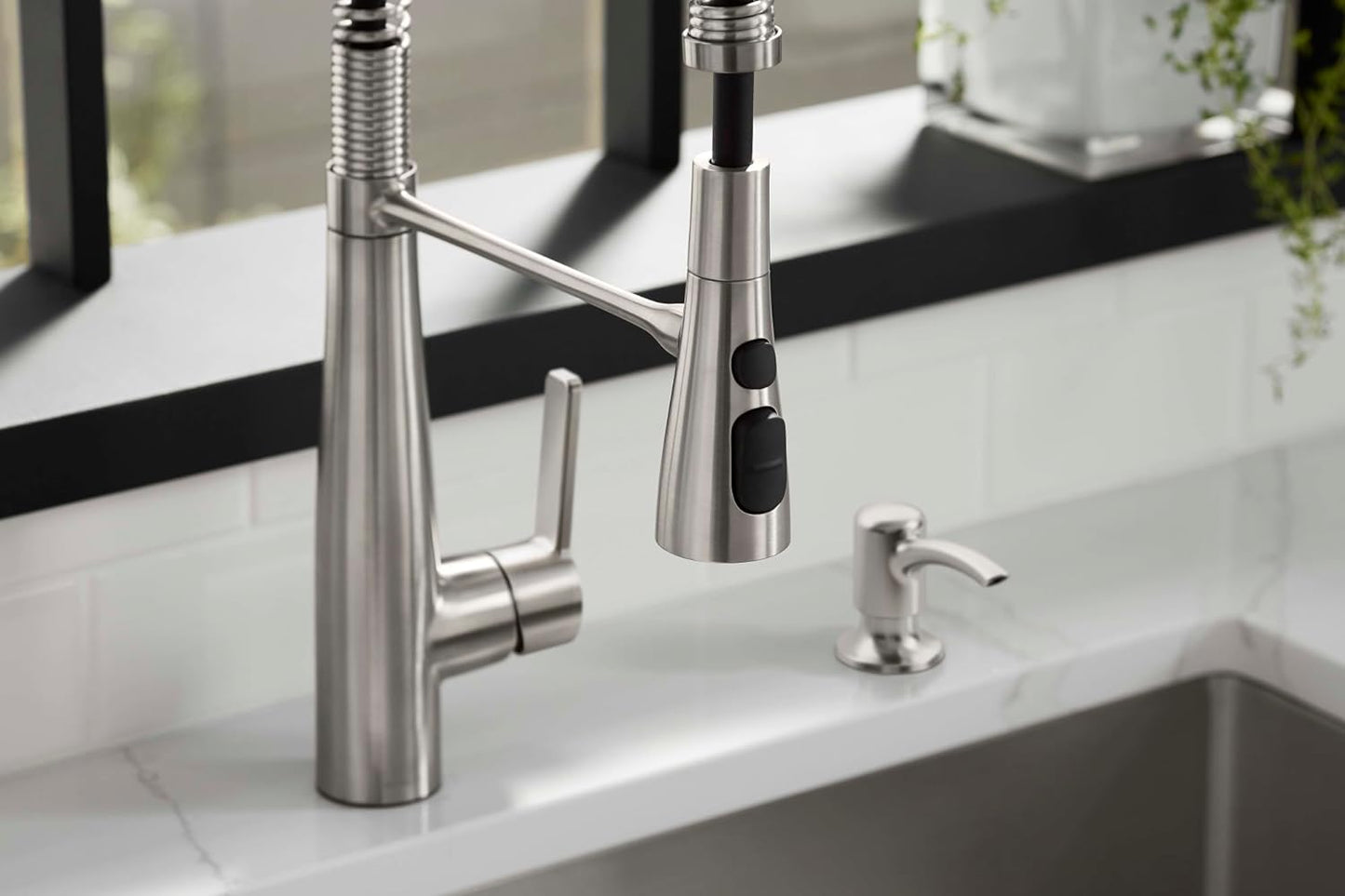 NEW - KOHLER K-R22745-SD-VS Semi-Professional Kitchen Faucet with Soap Dispenser/Lotion Dispenser, Commercial Kitchen Sink Faucet with Pull-Down Sprayhead, Vibrant Stainless - Retail $306