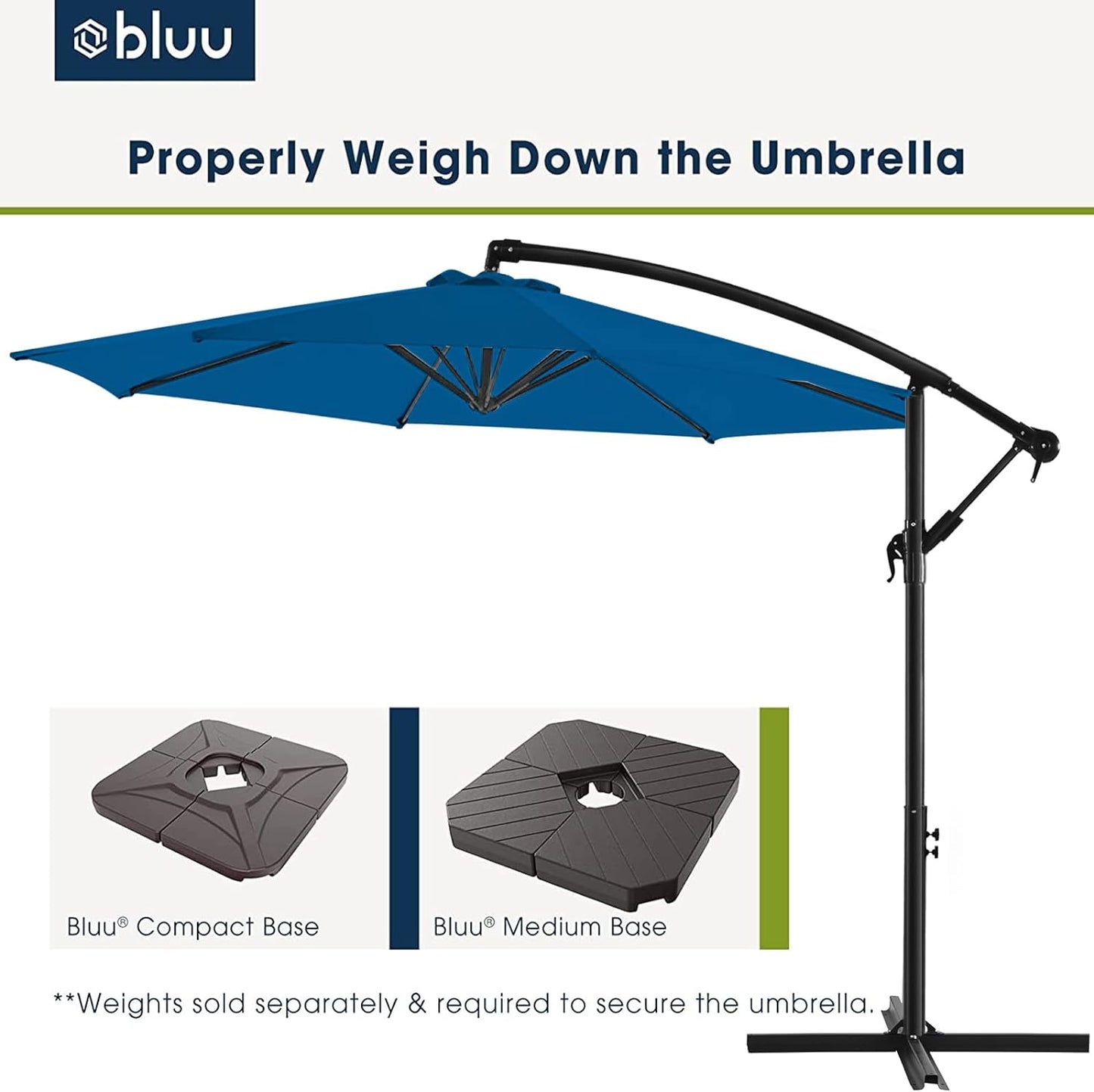 NEW - BLUU BANYAN 10 FT Patio Offset Umbrella Outdoor Cantilever Umbrella Hanging Umbrellas, 24 Month Fade Resistance & Water-repellent UV Protection Solution-dyed Fabric Canopy with Infinite Tilt, Crank & Cross Base (Royal Blue) - Retail $139