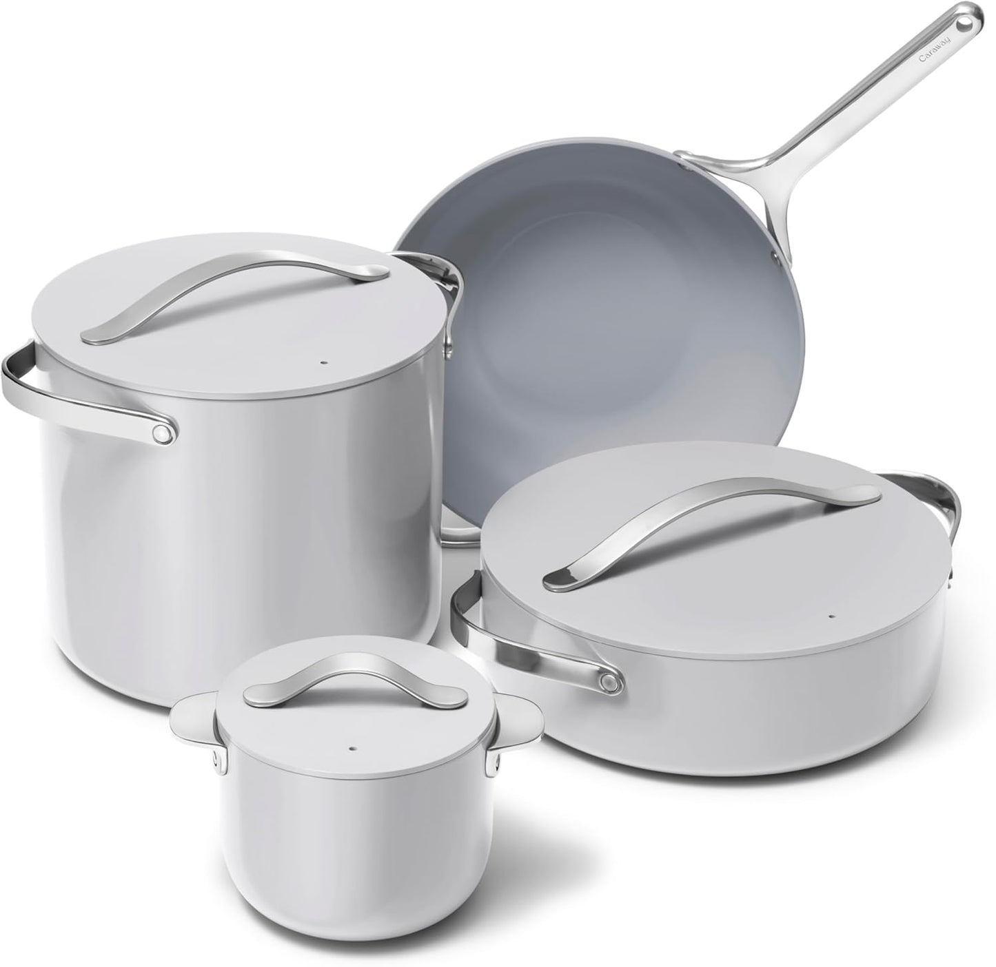 NEW - Caraway Cookware+ Collection - Specialty Cookware Set - Petite Cooker, Stir Fry Pan, Rondeau, & Stock Pot - 3 Lids & Storage Organizer Included - Gray