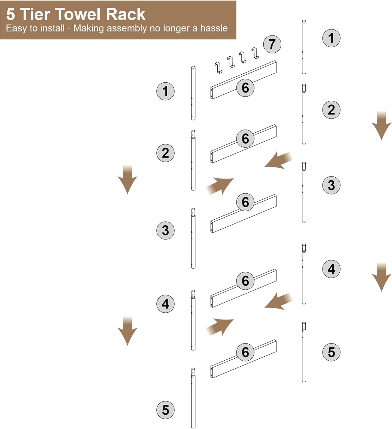 Blanket Ladder, 5-Tier Towel Holder with 4 Removable Hooks, Farmhouse Wall Leaning Decorative Rack Shelf, Wooden Towel Display Rack, Quilt Ladder for Living Room, Bedroom, Rustic Brown