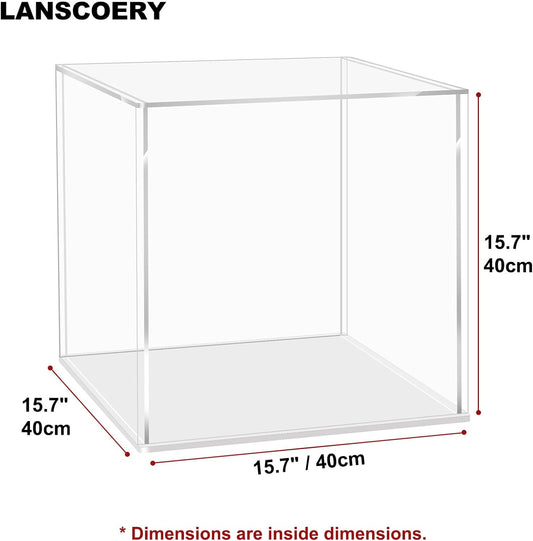 NEW - LANSCOERY Clear Acrylic Display Case, Assemble Cube Display Box Stand with White Base, Dustproof Protection Showcase for Collectibles Memorabilia Figurines (15.7x15.7x15.7inch; 40x40x40cm) - Retail $88