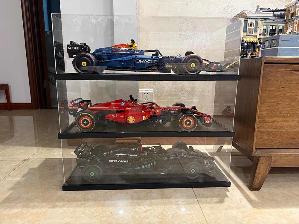 DuvinDD Acrylic Display Case for Lego Car Mercedes F1 42171, McLaren F1 42141, Clear Large Display Box 1/8 Scale Model Car Dustproof for Collectibles with Black Base(27.5x11.8x7.8 inch)