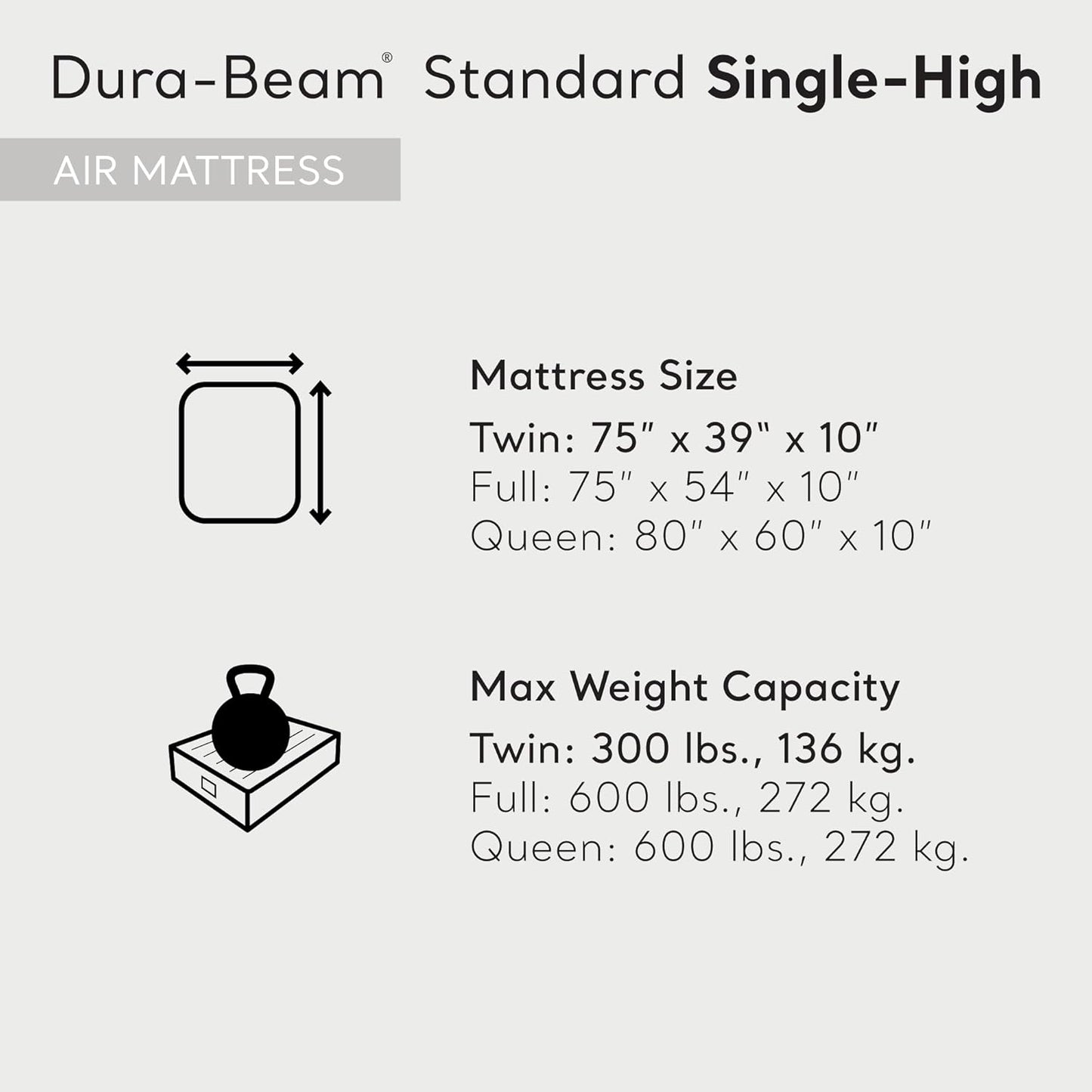 Intex 64103E Dura-Beam Standard Single-High Air Mattress: Fiber-Tech - Queen Size - 10in Bed Height - 600lb Weight Capacity - Pump Sold Separately