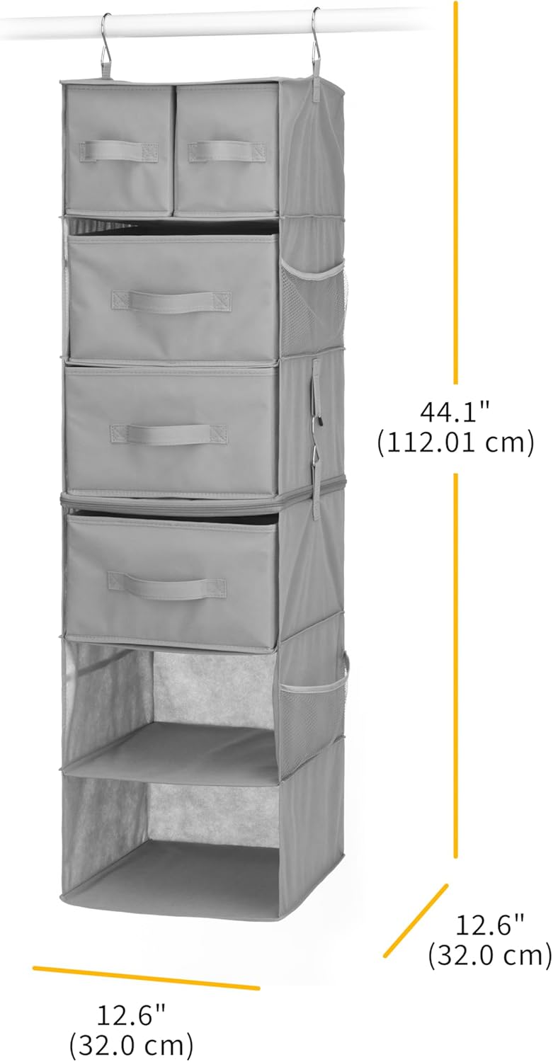 Whitmor Multi-Functional Hanging Organizer with Drawer Inserts- 5 Section - Closet Organizer - Grey