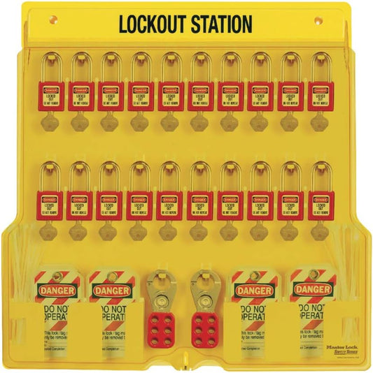 NEW w/ dmg Master Lock 1484BP410 Lockout Tagout Padlock Station,Yellow - Retail $312