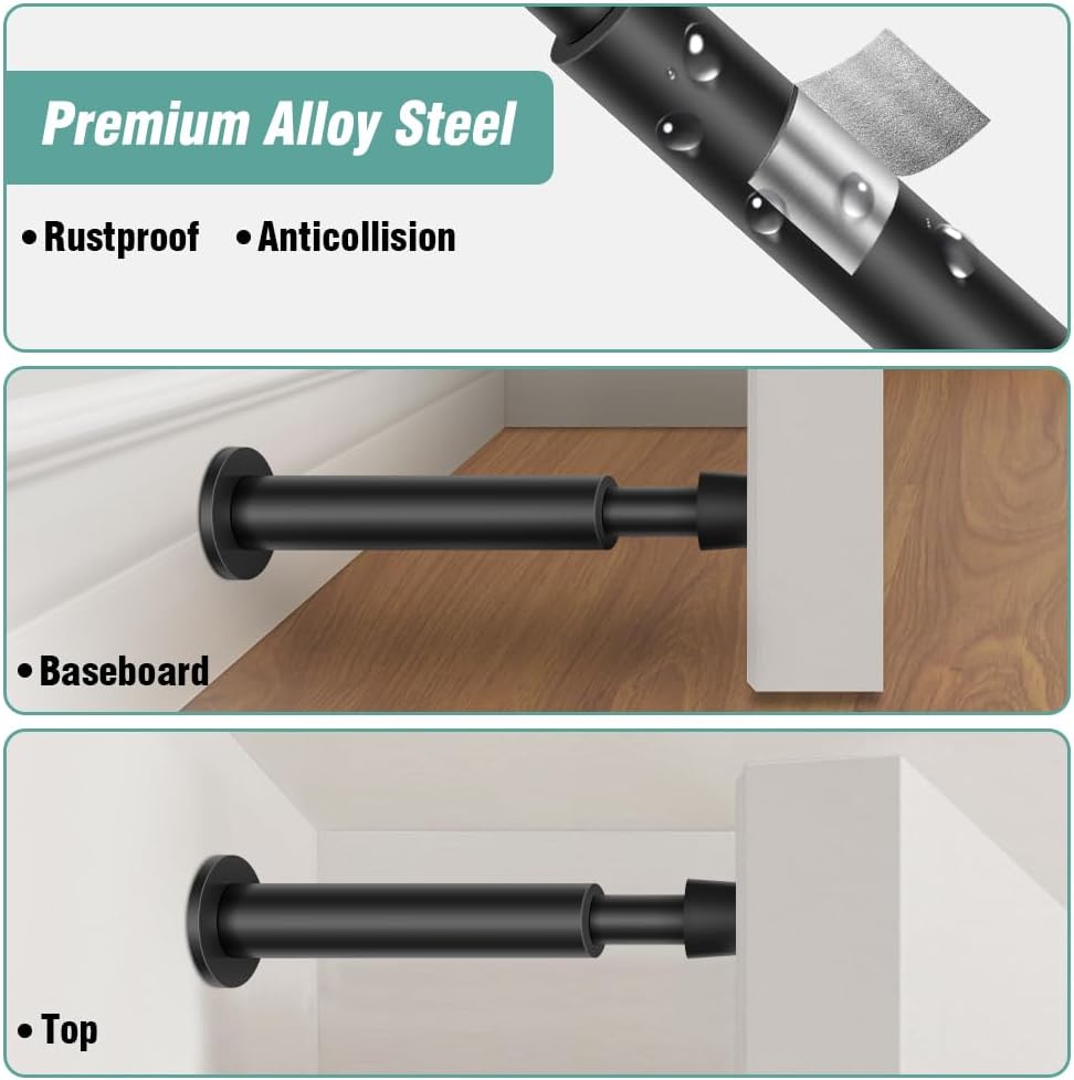 KOLAKO Door Stopper, 8 Pack Black Door Stops, 4.4 Inch Spring Door Stoppers for Bottom of Door with Soft Rubber Tip, Modern Door Stop Bumpers for Wall Protector