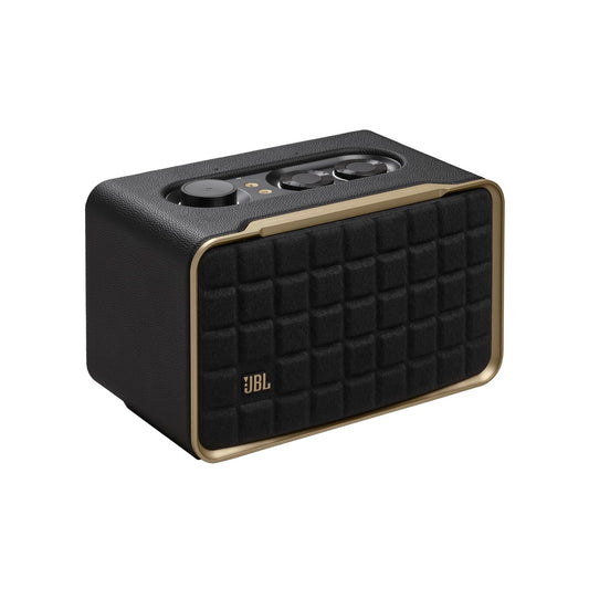 JBL Authentics 200 - Retro Style Smart Home Speaker with Built in Wi-Fi, Bluetooth and Voice Assistants, Alexa and Google Assistant, Multi-Room Playback, Automatic self tuning (Black/Gold)