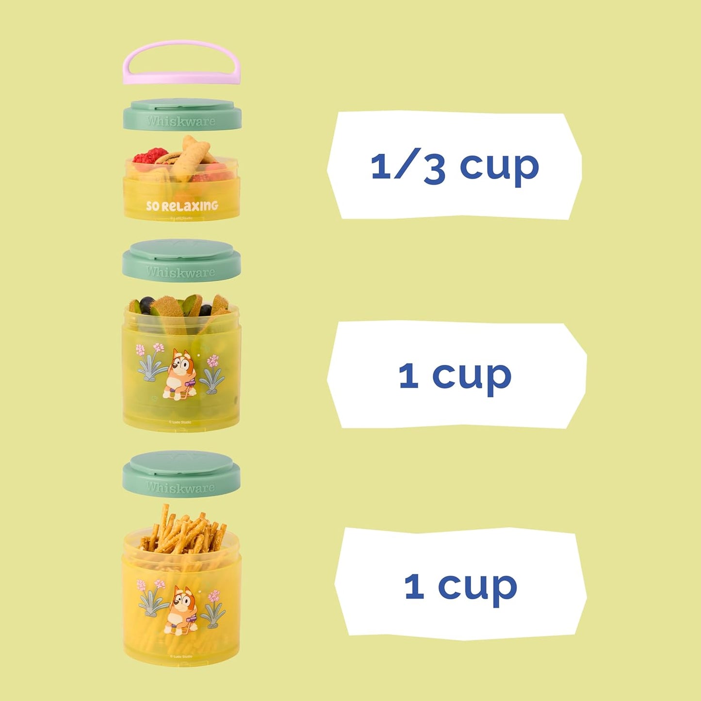 Whiskware Bluey Stackable Snack Containers for Kids and Toddlers, 3 Stackable Snack Cups for School and Travel, Bluey and Bingo, So Relaxing! - Retail $15