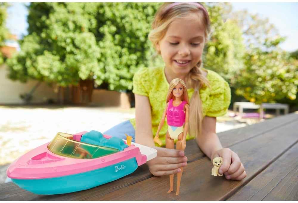 Barbie Doll & Toy Boat Playset with Pet Puppy, Life Vest & Beverage Accessories, Fits 3 Dolls & Floats in Water