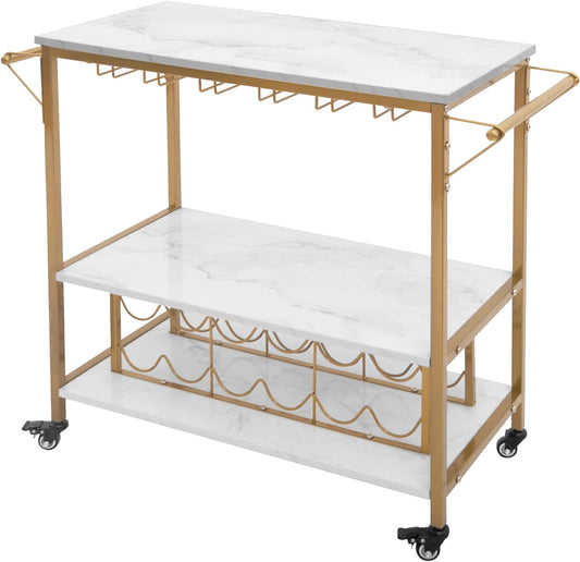 NEW - AZL1 Life Concept Bar Serving Cart Bottle Storage and Wine Glass Rack-Faux Marble and Gold - Retail $73