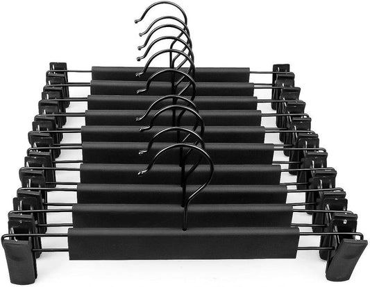 Clothes Hangers Black Plastic Clothes Pants Hangers with 2-Adjustable Anti-Rust Clips Skirt Hangers and 360 Rotatable Hook Trousers Jean Hangers Pack of 10 - Retail $12