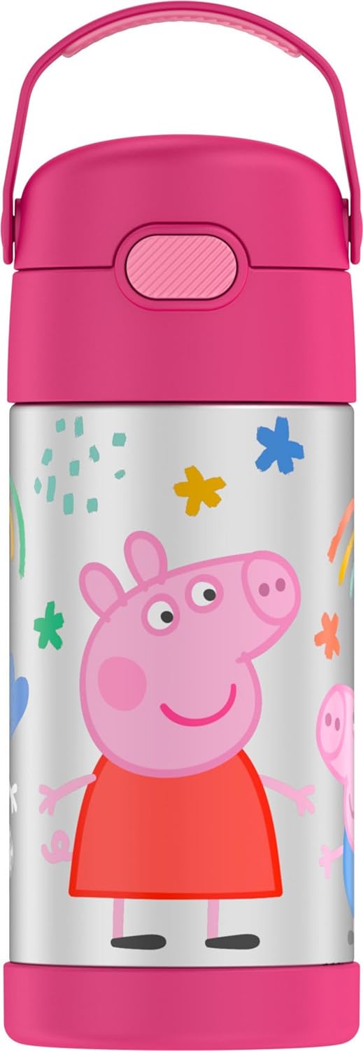 THERMOS FUNTAINER Water Bottle with Straw - 12 Ounce - Kids Stainless Steel Vacuum Insulated Water Bottle with Lid, Peppa Pig