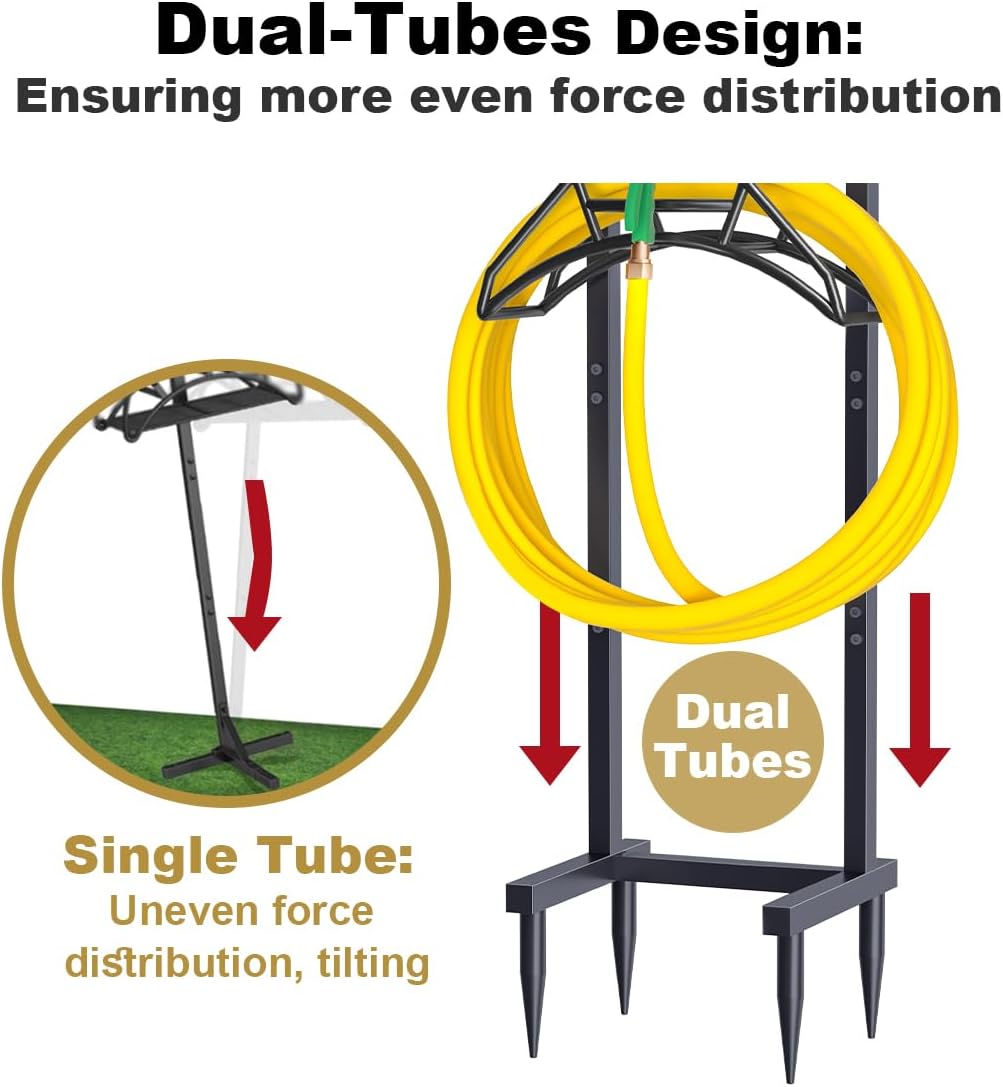 Outdoor Garden Hose Holder Freestanding with 4 Spikes, Heavy Duty Metal Water Hose Reel Stand Hanger Rack Organizer Holds Storage 150ft Hose for Outside Yard Lawn, Black