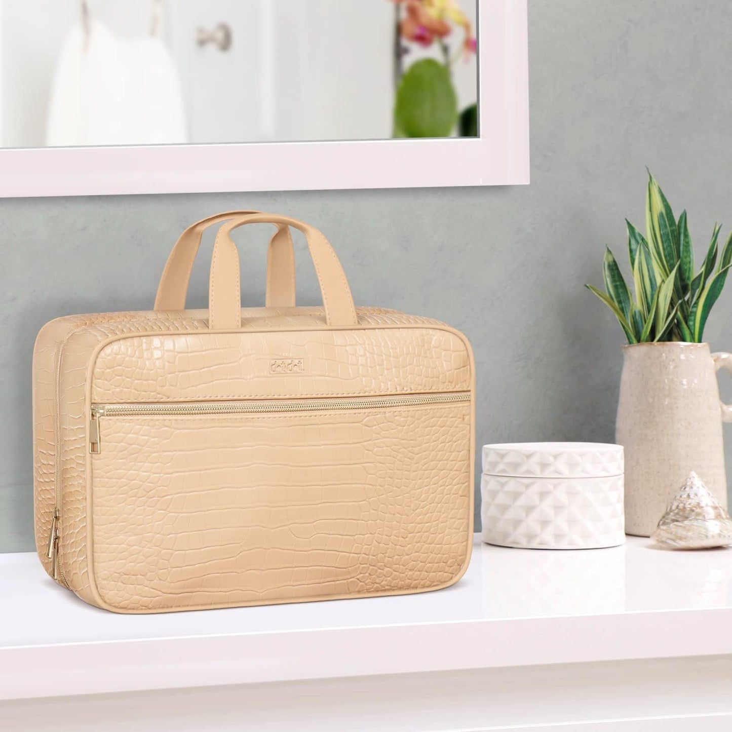 Dot&Dot Spacious Leather Toiletry Bathroom Bag - Hanging Travel Toiletry Bag for Women