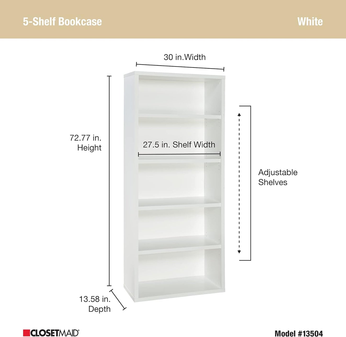 NEW - ClosetMaid Bookshelf with 5 Shelf Tiers, Adjustable Shelves, Tall Bookcase Sturdy Wood with Closed Back Panel, White Finish - Retail $181