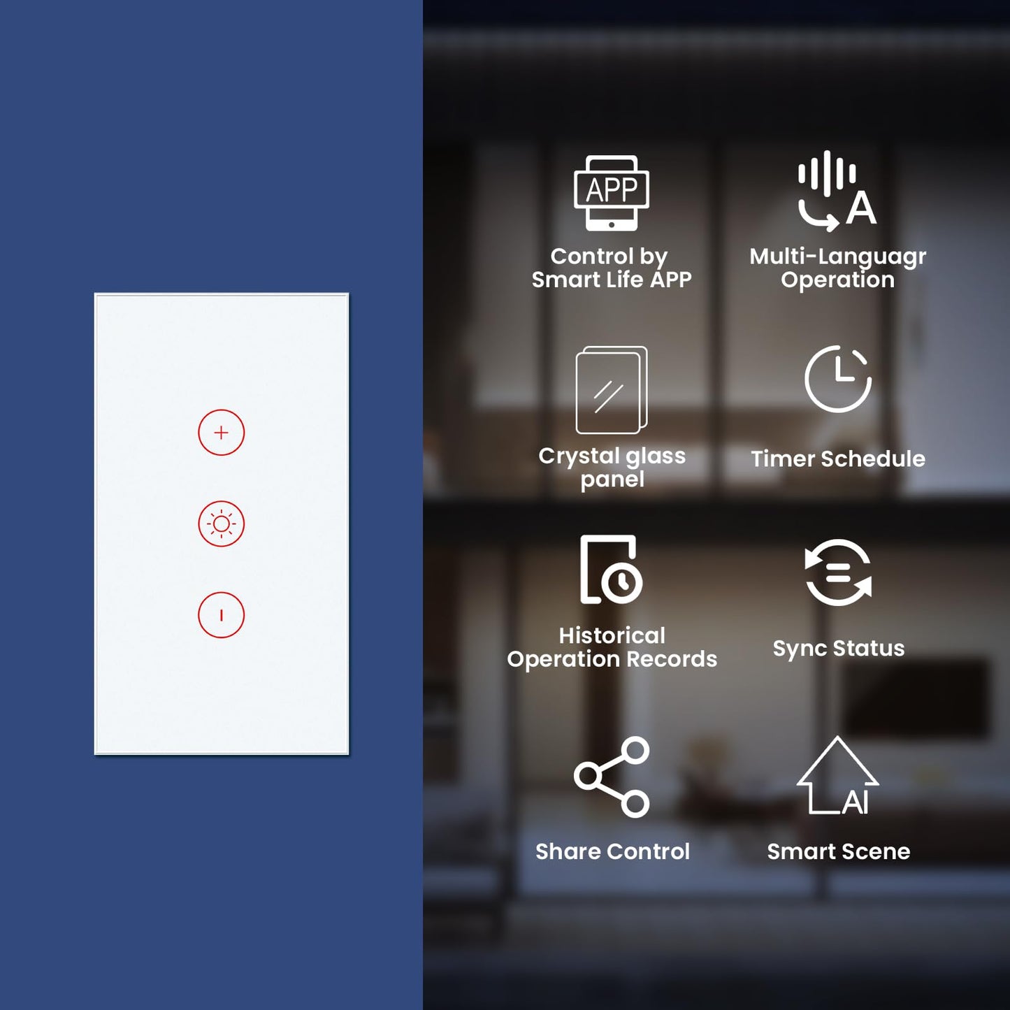 Smart Dimmer Switch,Single-Gang,Neutral Required,2.4GHz,Tuya/Smart Life App/Alexa,Tempered Glass Panel,White