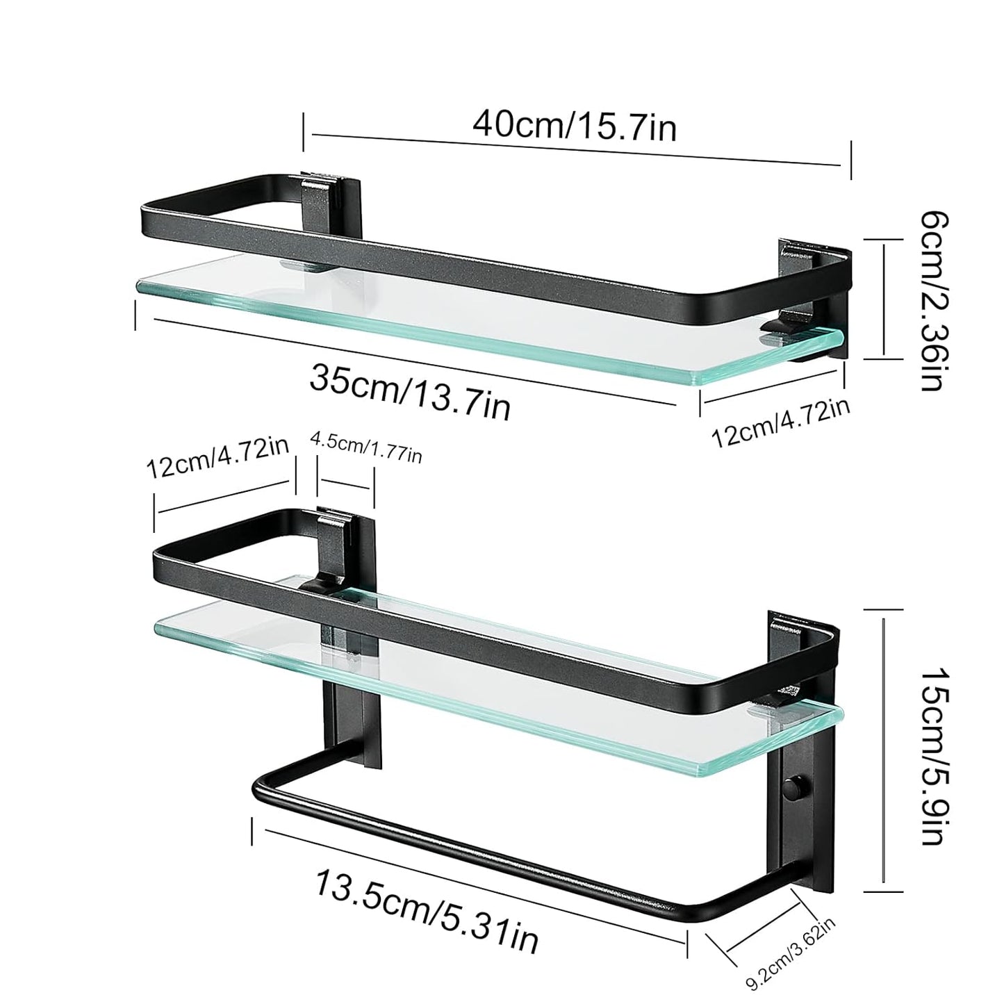 Ddtohan 15.7 Inches Glass Bathroom Shelf, Floating Shelves with Rail and Towel Bar, 2- Tier 8mm Thick Tempered Glass Wall Mounted Shower Storage for Bathroom, Office, Laundry Room - Retail $20