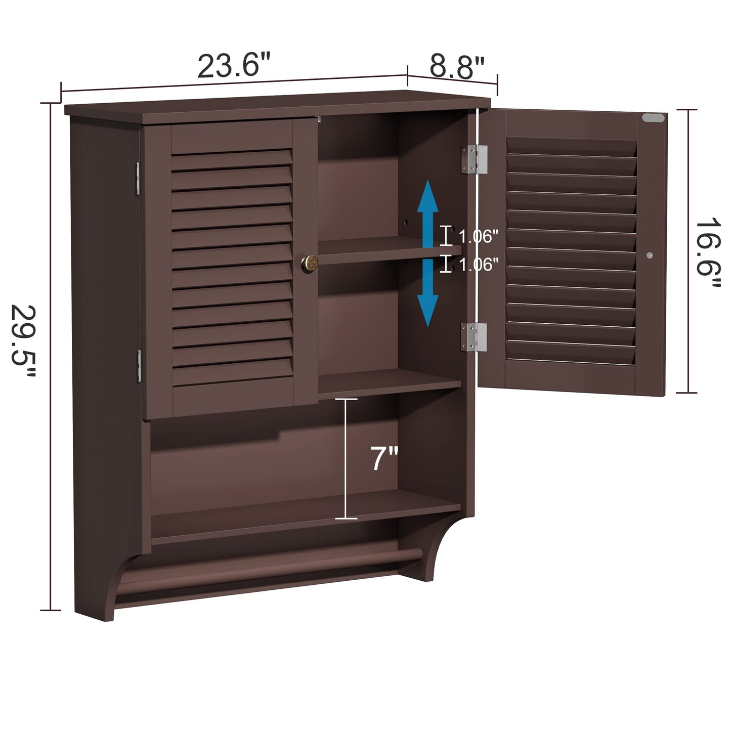 ChooChoo Bathroom Wall Cabinet with Towels Bar, 23.6" L x8.9 W x29.3 H MDF Material Medicine Cabinet, 2 Doors Over The Toilet Space Saver Storage Cabinet with Large Space, Espresso