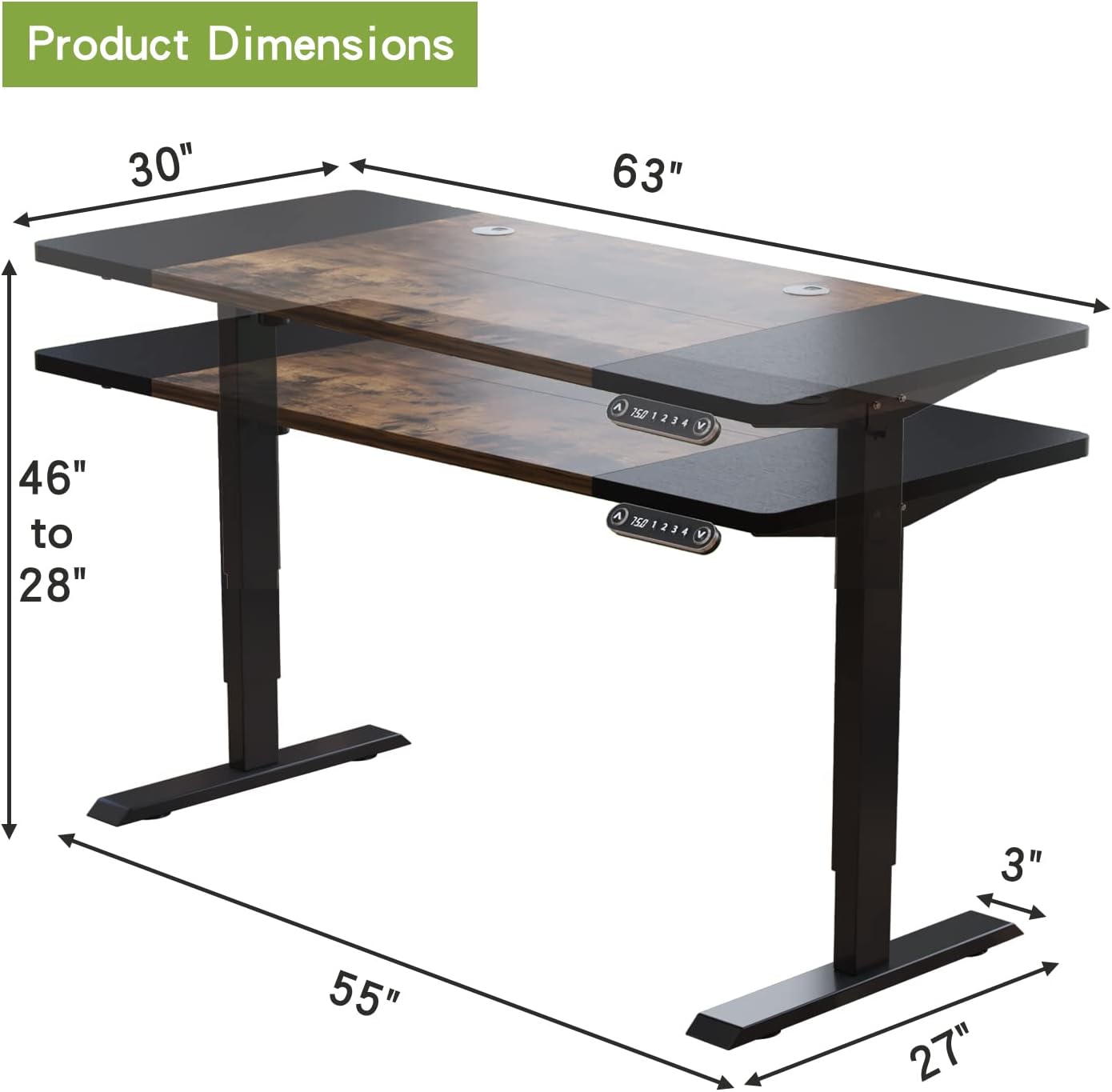 NEW - Radlove Electric Height Adjustable Standing Desk, 63x 30 Inches Stand Up Ergonomic Desk Workstation, Splice Board Home Office Computer Table - Retail $173
