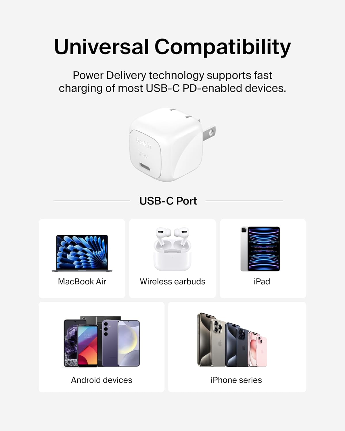 Belkin USB C Charger Block 30W, USB-C PD Super Fast Charging for Apple iPhone 17, Air, Pro, Pro Max, Samsung Galaxy S25, Galaxy S24, iPad, AirPods, Nintendo Switch 2, Google Pixel 10, etc. - White