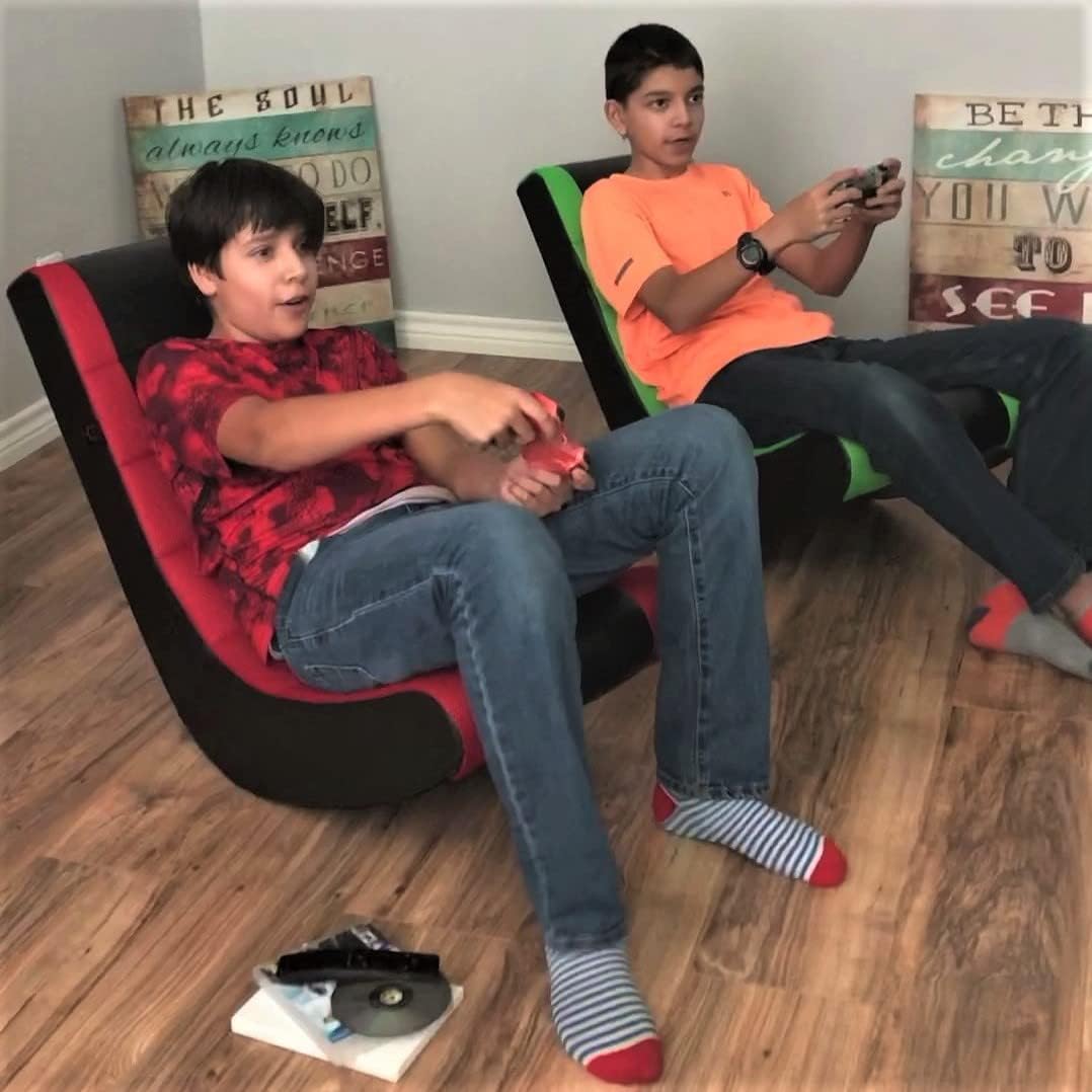 The Crew Furniture Classic Video Rocker Floor Gaming Chair, Kids and Teens, Racing Stripe PU Faux Leather & Polyester Mesh, Black/Red - Retail $40