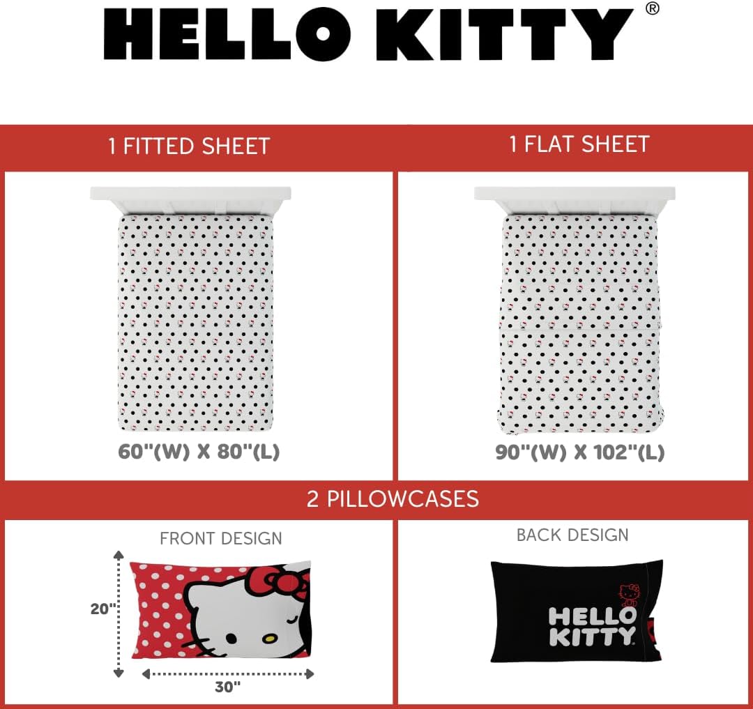 Franco Collectibles Hello Kitty Polka Dot Bedding Super Soft Microfiber 4 Piece Queen Sheet Set, (Officially Licensed Product)