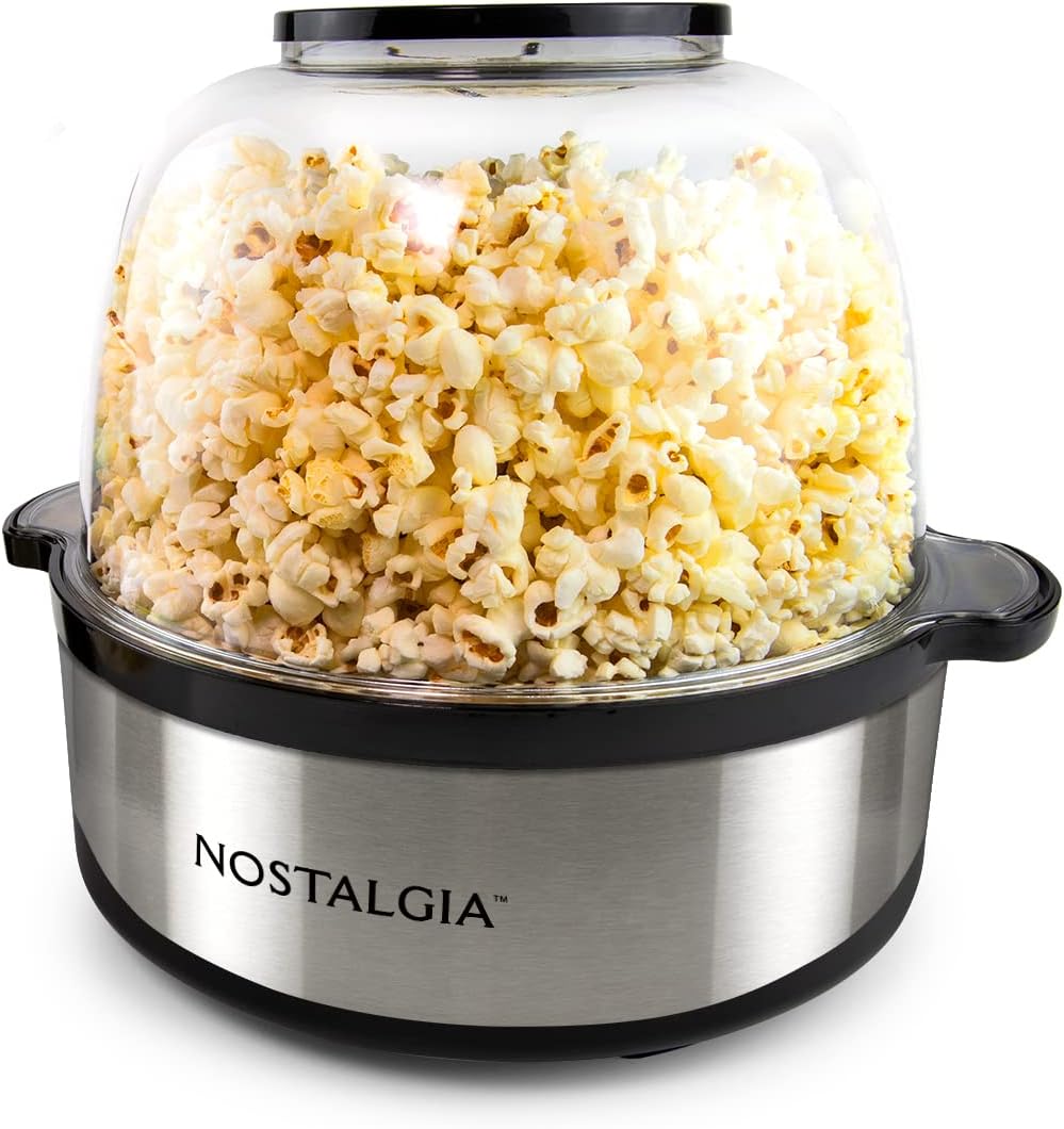 NEW - Nostalgia 6-Quart Stirring Popcorn Popper With Quick-Heat Technology, Makes 24 Cups of Popcorn, Kernel Measuring Cup, Oil Free, Makes Roasted Nuts, Perfect for Birthday Parties, Stainless - Retail $39