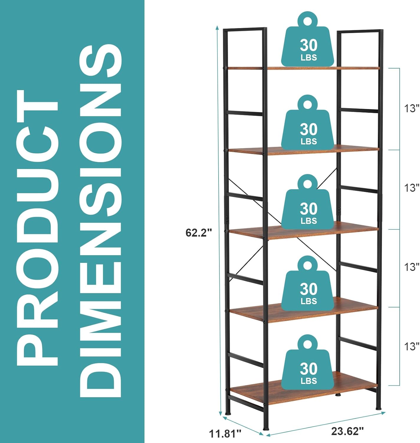 NEWBULIG Bookshelf, Bookcase with 5 Tiers, Metal Frame Bookcase, Tall Bookcase Storage Organizer, Modern Bookcase Open Shelves Display Rack for Home, Office, Living Room, Bedroom, Rust - Retail $0