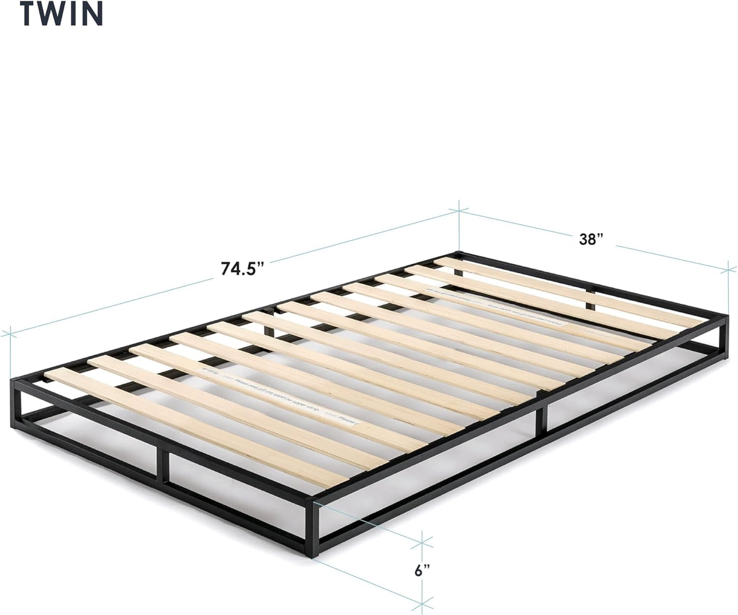 NEW - Mellow Modernista Low Profile TWIN 6 Inch Metal Platform Bed Frame with Classic Wooden Slat Support Mattress Foundation (No Box Spring Needed), Black - Retail $94