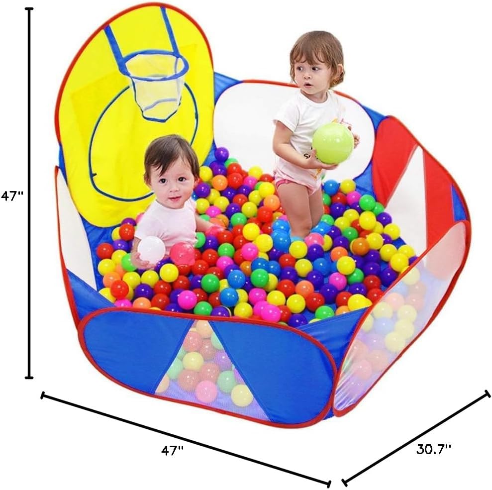 Playpen with Basketball Hoop and Zipper Storage Bag, 4 Ft/120CM, Balls Not Included (Blue Yellow Red)