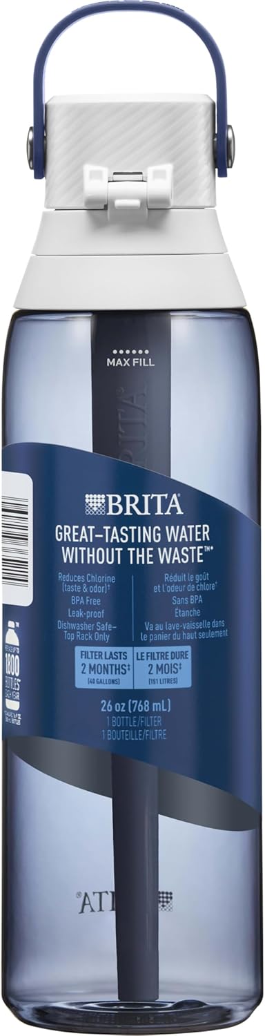 Brita Hard-Sided Plastic Premium Filtering Water Bottle, BPA-Free, Reusable, Replaces 300 Plastic Water Bottles, Filter Lasts 2 Months or 40 Gallons, Includes 1 Filter, Night Sky - 26 oz.
