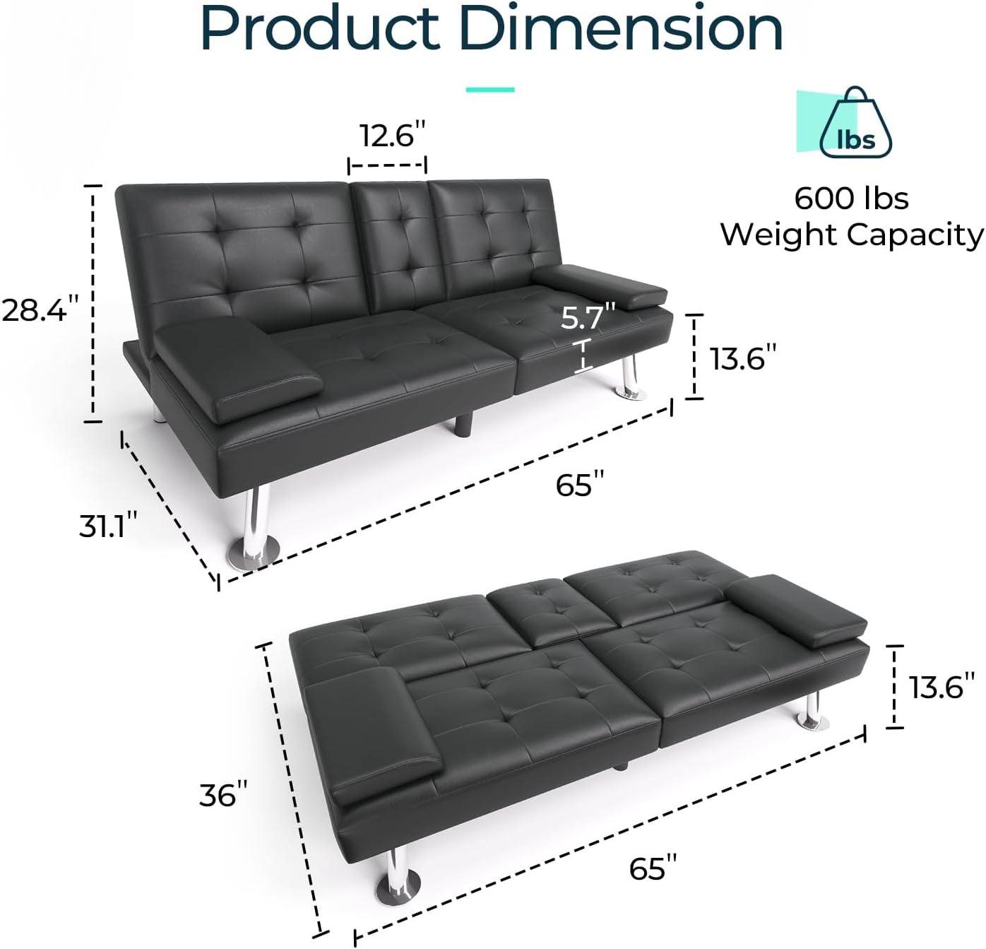 NEW - LINSY HOME Futon Sofa Bed, Faux Leather Sleeper Sofa with Mattress and Frame, Convertible Futon Couch for Living Room, Black - Retail $329