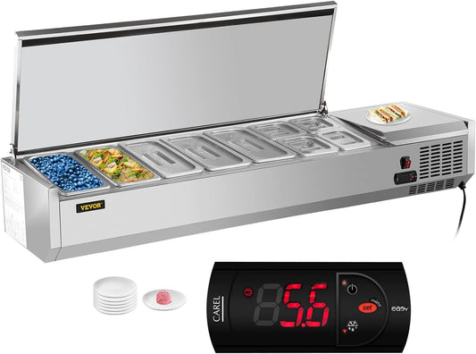 NEW - VEVOR Refrigerated Condiment Prep Station, 71-Inch, 19.8Qt Sandwich/Salad Prep Table with 5 1/3 Pans & 4 1/6 Pans, 150W Salad Bar with 304 Stainless Body and Cover Temp Adjuster One-Click Defrosting - Retail $899