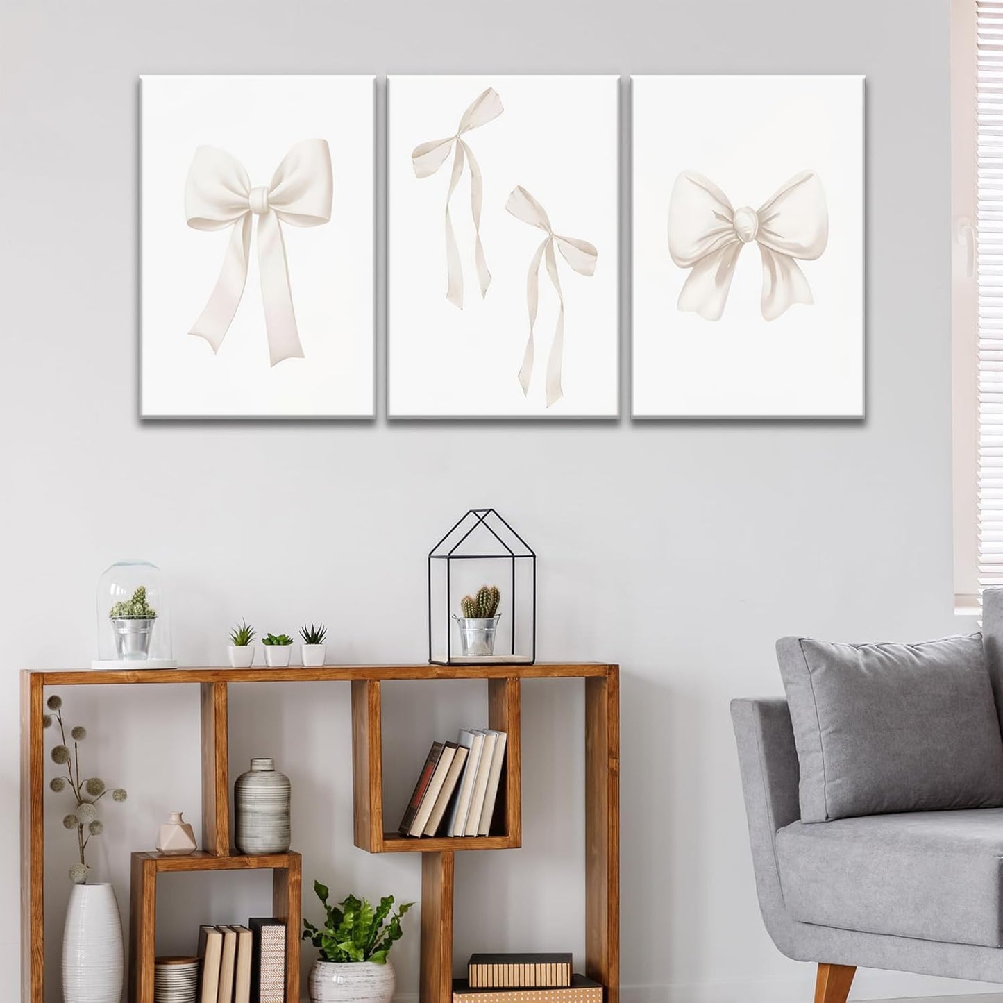 Djmwtb Preppy Bow Canvas Wall Art Beige Coquette Poster Prints Set of 3 Girly Apartment Aesthetic Pictures College Dorm Painting Decor for Girls Bedroom 16x24in Framed