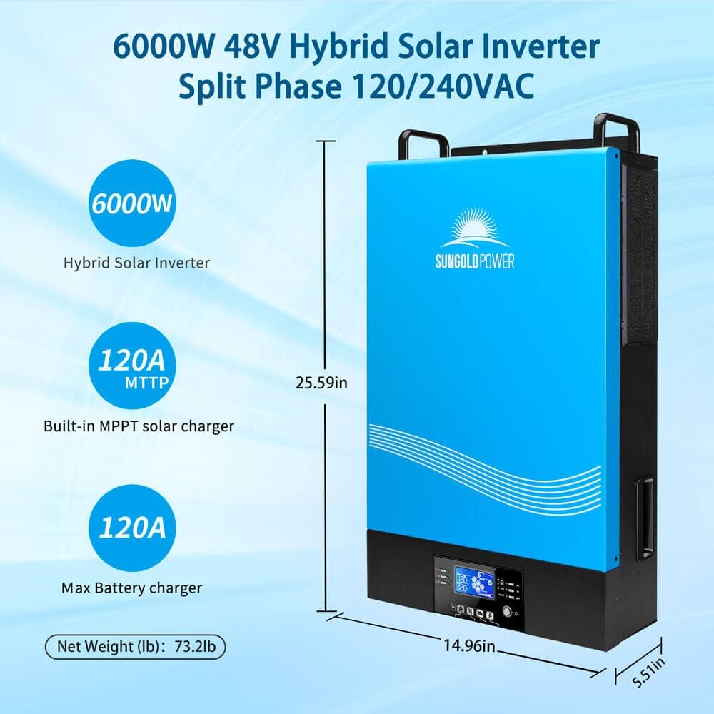 NEW - SUNGOLDPOWER 6000W 48Vdc Hybrid Solar Inverter Input 240V Output 120/240V Split Phase Pure Sine Wave Inverter MPPT 120A Solar Charger and 120A AC Charger (Grid Feedback & Batteryless) BluePower TP6048 - Retail $1365