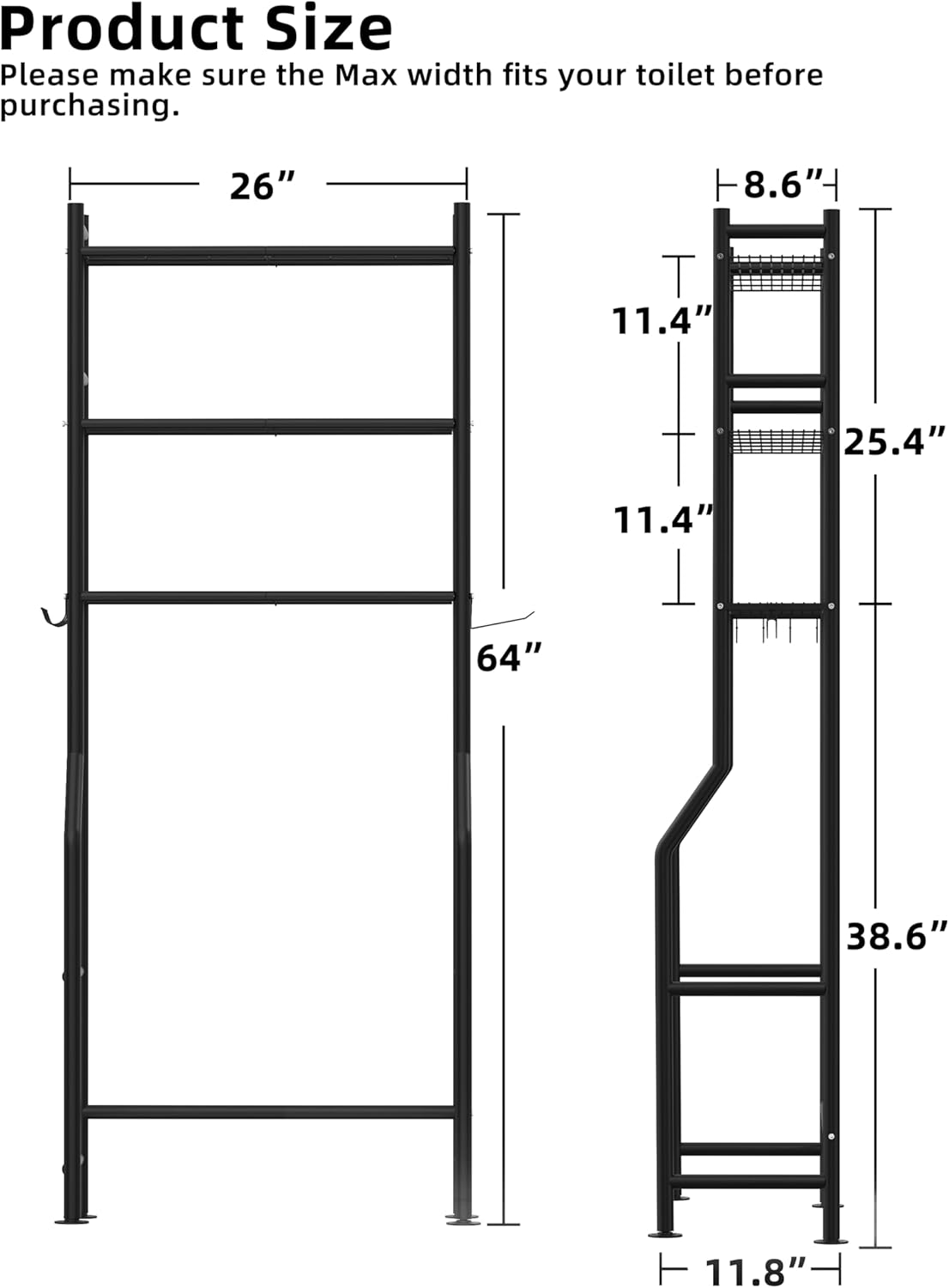 3-Tier Over The Toilet Storage, Freestanding Metal Bathroom Shelves with 4 Hooks, Over Toilet Storage Shelf with Paper Holder, Above The Toilet Shelf for Bathroom Storage, Black