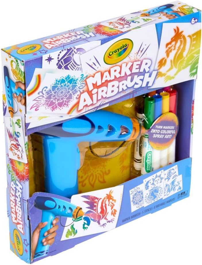 Crayola Marker Airbrush Spray Art Kit, Battery-Powered Sprayer with 8 Washable Markers & 5 Stencils, DIY Craft Set for Kids, Gift for Boys & Girls, Ages 6+