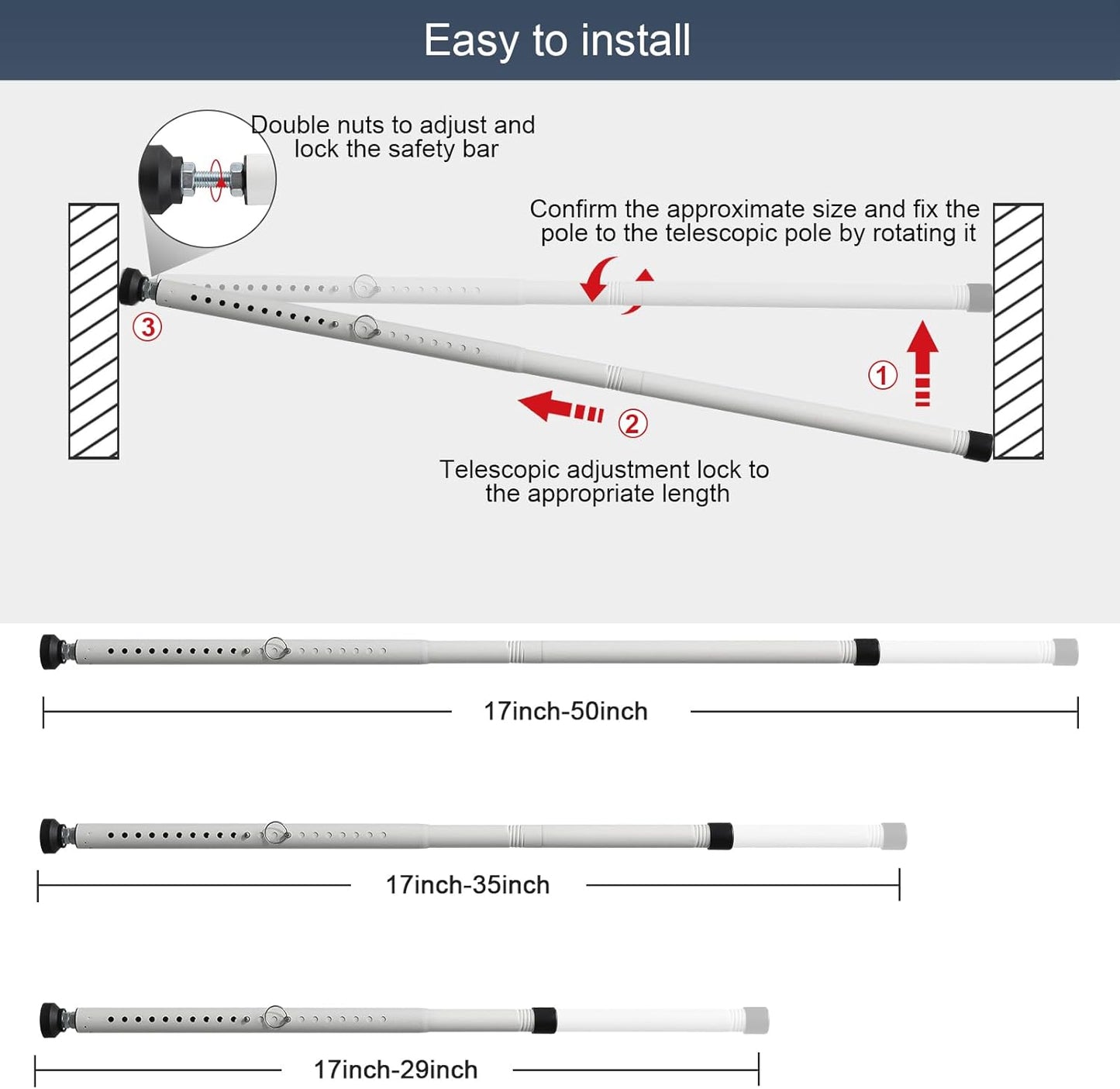 DIIG Sliding Door Security Bar，17.7-50.5inch Adjustable Locking Window Safety Bar with Rubber Tips,Diameter 1inch Window Security Bar for Home Apartment Travel (White)